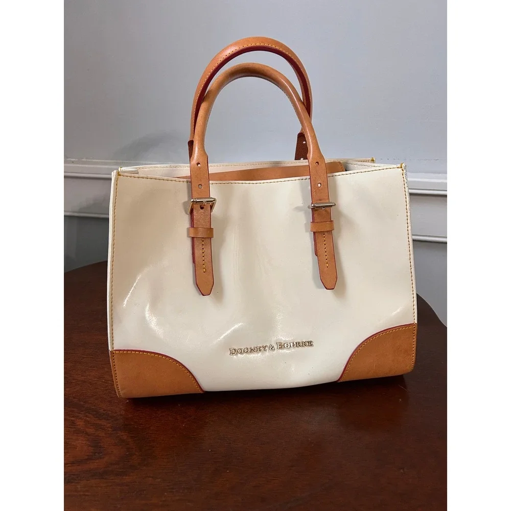 Dooney & Bourke Janine Ivory Cream Leather Satchel Tan Trim Red Lining Vintage